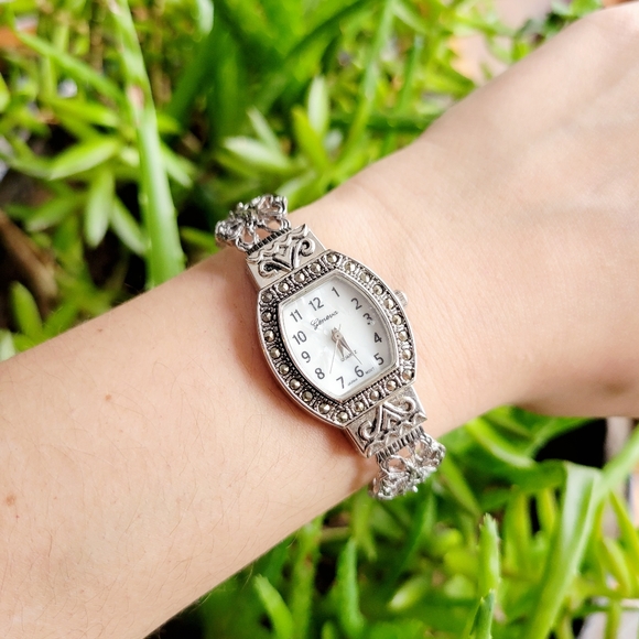 Classic Geneva Quartz Silver Marcasite Cuff Tonneau Barrel Watch - Picture 5 of 9